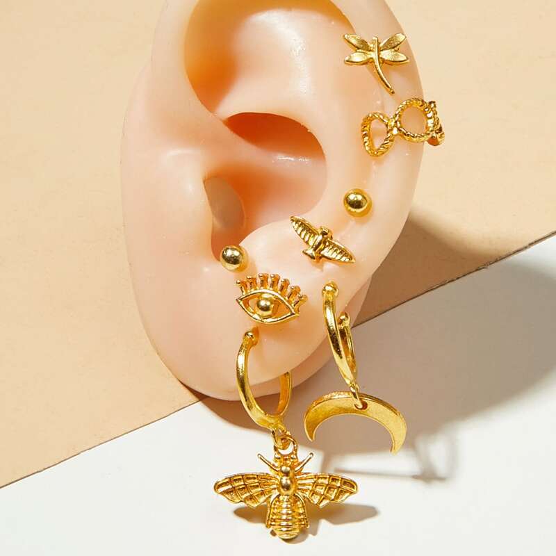 

8pcs Butterfly & Moon Decor Earrings, Gold