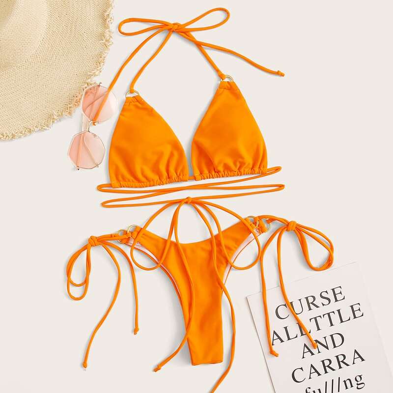 

Ring Linked Top With Tie Side Bikini Set, Orange