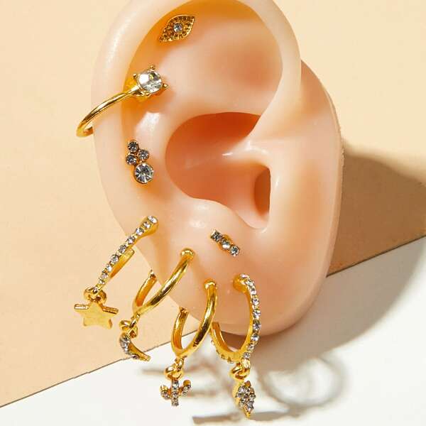 

8pcs Star & Moon Decor Earrings, Gold