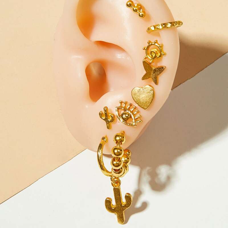 

9pcs Cactus & Eye Decor Earrings, Gold