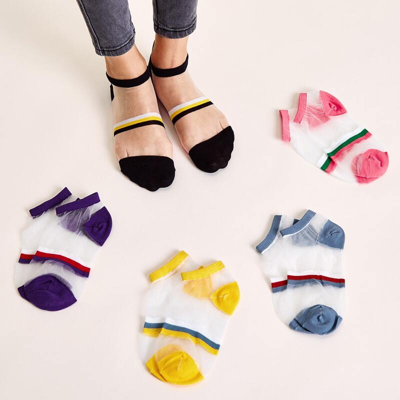 

5pairs Color Block Mesh Socks, Multicolor