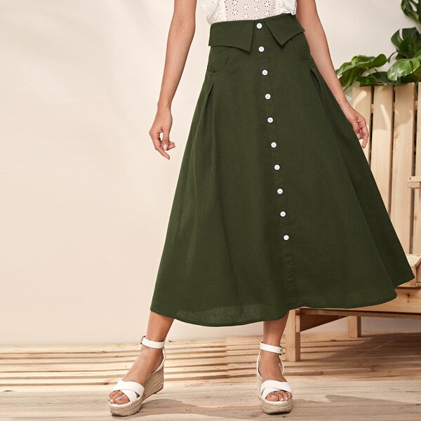 

Foldover Waist Button Front Skirt, Army green
