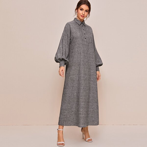 

Lantern Sleeve Linen Look Maxi Shirt Dress, Grey
