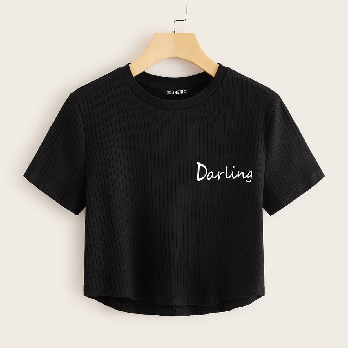 

Letter Graphic Rib-knit Crop Tee, Black