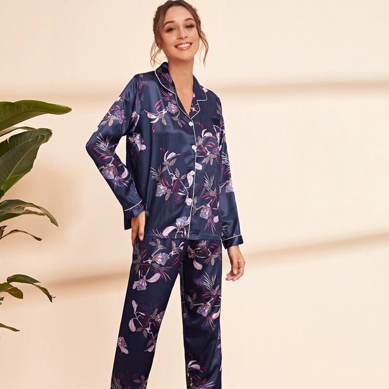

Floral Print Lapel Neck Satin PJ Set, Navy