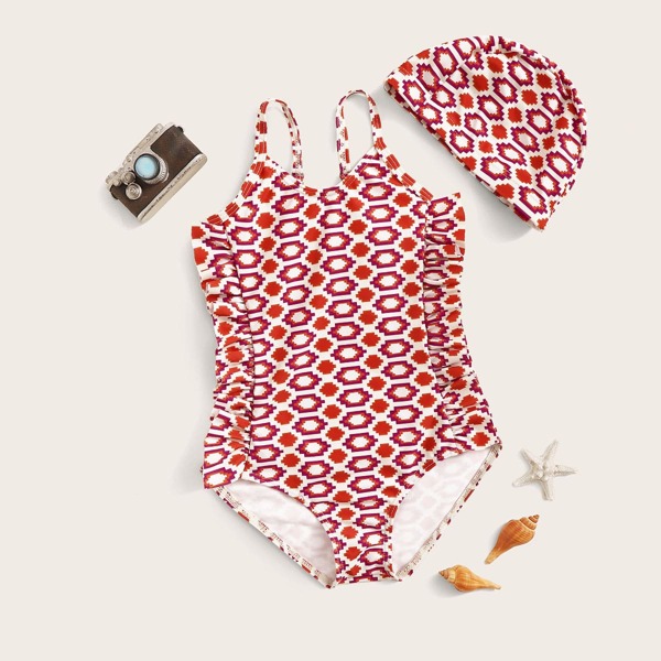 

Toddler Girls Geo Ruffle Trim One Piece Swimwear & Hat, Multicolor