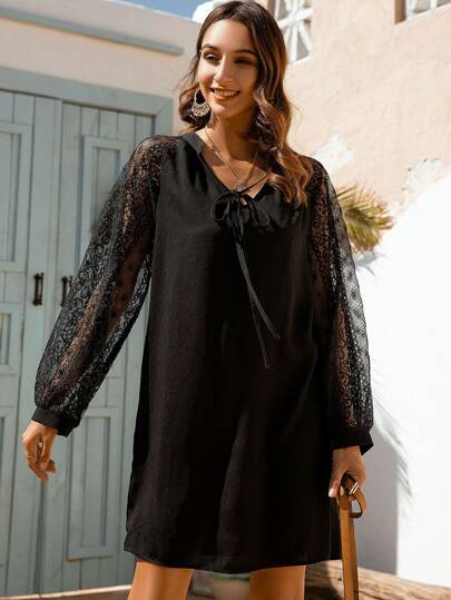 Contrast Lace Tie Front Tunic Dress