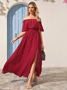 SHEIN VCAY Solid Foldover Split Thigh Bardot Dress - Burgundy - View 1