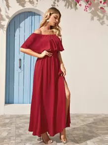 SHEIN VCAY Solid Foldover Split Thigh Bardot Dress - Burgundy - View 3