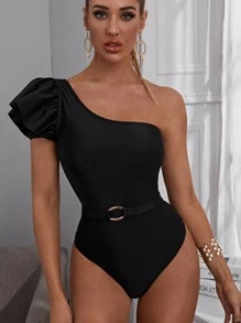 Ruffle Detail Belted One Piece Swimsuit - Black - View 1