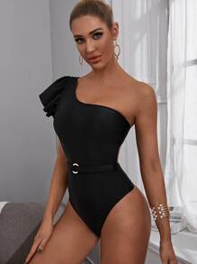 Ruffle Detail Belted One Piece Swimsuit - Black - View 3