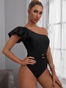 Ruffle Detail Belted One Piece Swimsuit - Black - View 4