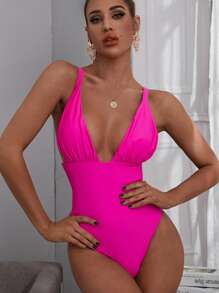 抽褶連身泳裝 - 粉色 - 查看 1