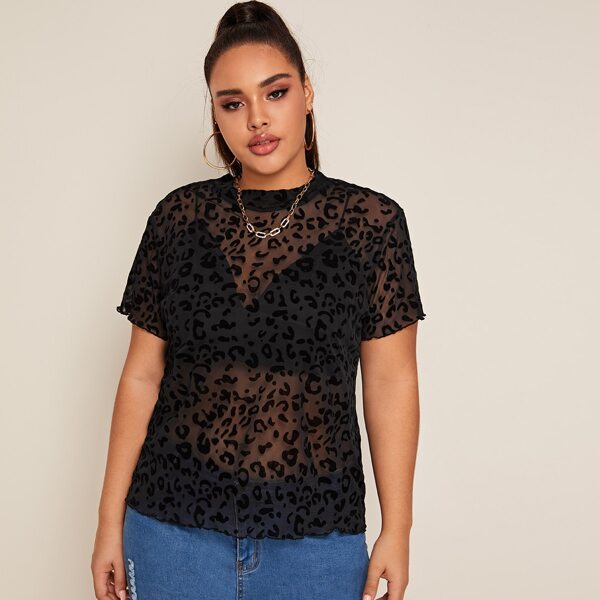 

Plus Leopard Print Lettuce Trim Sheer Top, Black