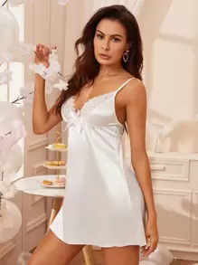 Classic Sexy 拼接蕾絲緞面吊帶 - 白色 - 查看 4