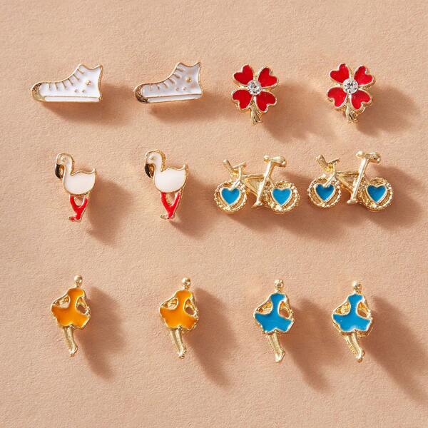 

6pairs Girls Flower & Bike Shaped Stud Earrings, Multicolor