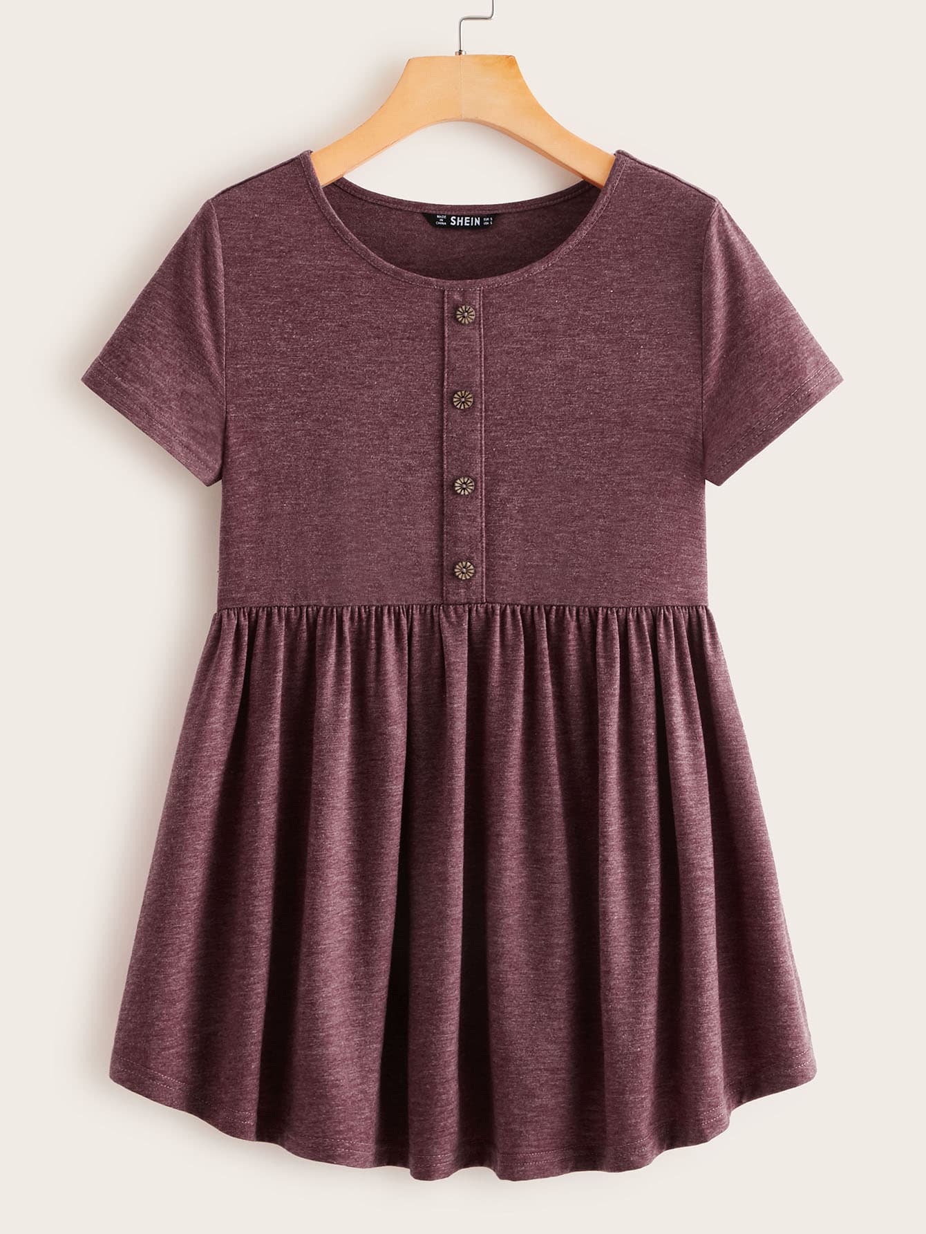 SHEIN Button Front Ruffle Hem Top - Burgundy - View 1