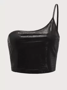 SHEIN BAE One Shoulder Crocodile Embossed Crop Top - Black - View 1
