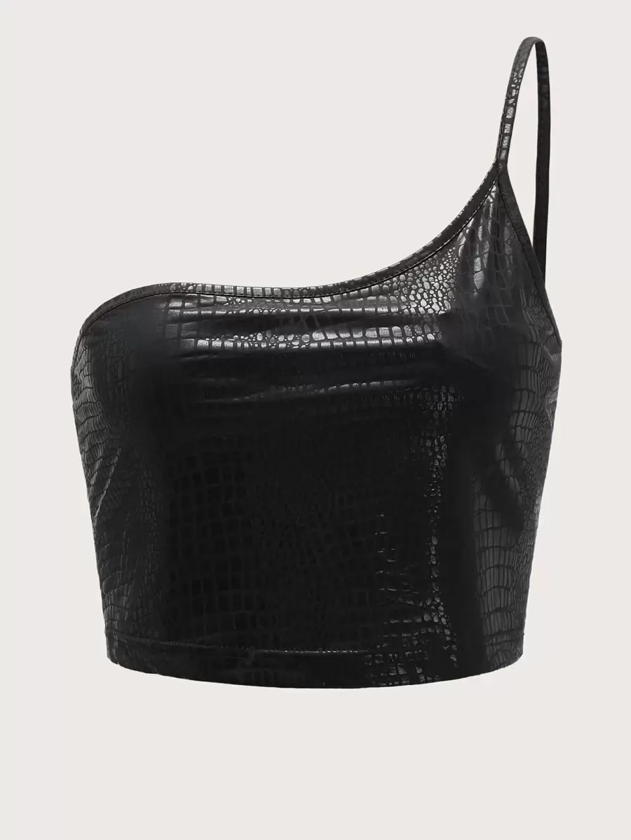 SHEIN BAE One Shoulder Crocodile Embossed Crop Top - Black - View 1