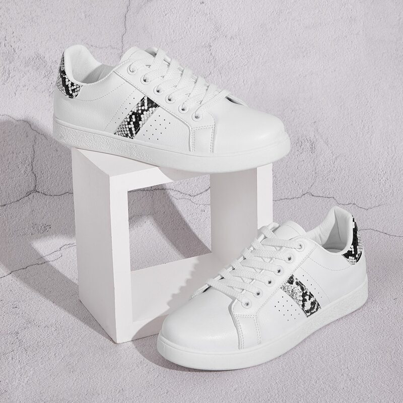 

Snakeskin Print Panel Lace-up Front Sneakers, White