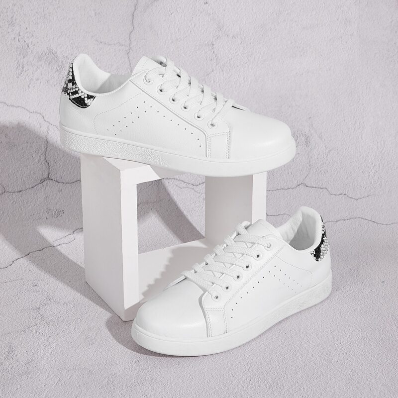 

Snakeskin Print Detail Perforated Lace-up Front Sneakers, White