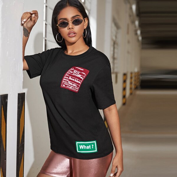 

Letter Graphic Patched Round Neck Tee, Black