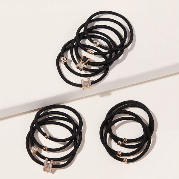

14pcs Rhinestone Engraved Letter & Bead Decor Hair Tie, Black