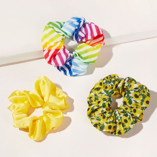 

3pcs Flower & Striped Pattern Crumpled Scrunchie, Multicolor