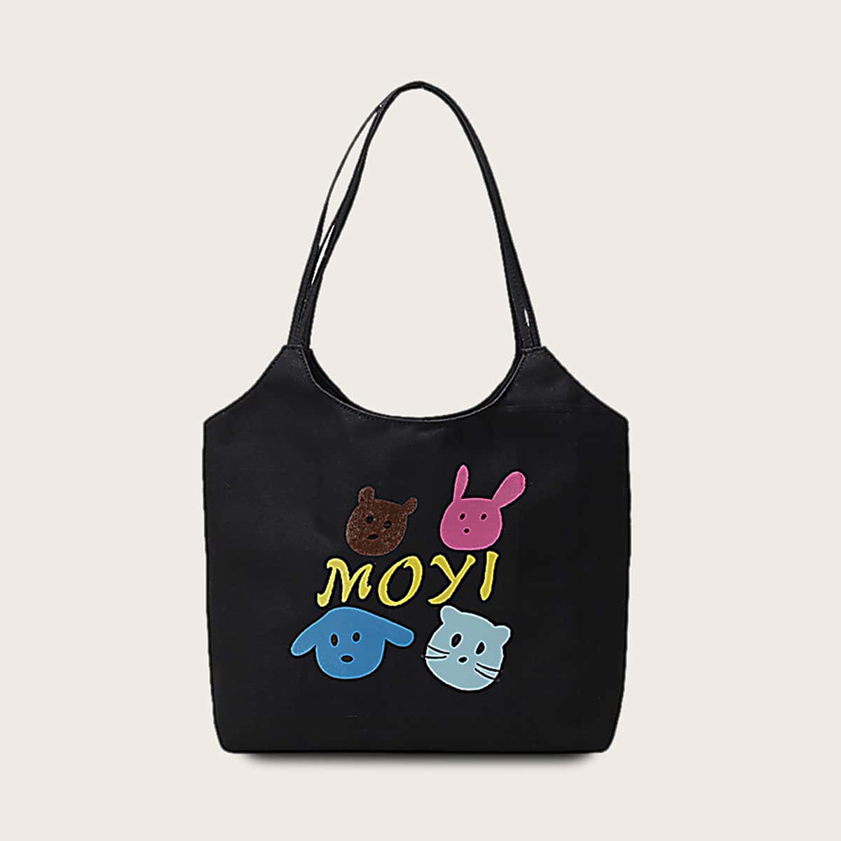 

Cartoon Graphic Tote Bag, Black