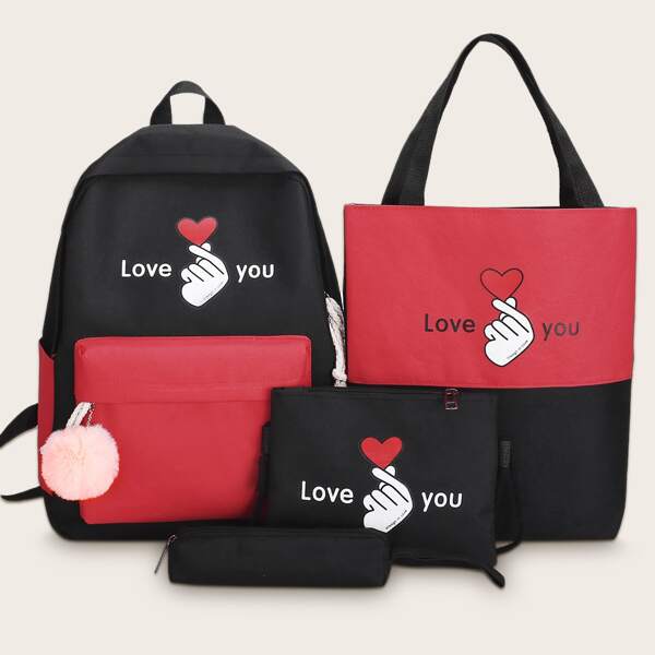 

4pcs Letter Graphic Backpack With Pencil Case, Multicolor