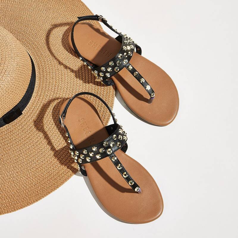 

Studded Decor Toe Post Slingback Flat Sandals, Black