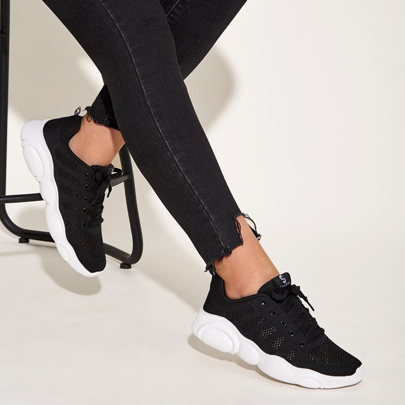 Striped Detail Lace-up Front Sneakers, Black