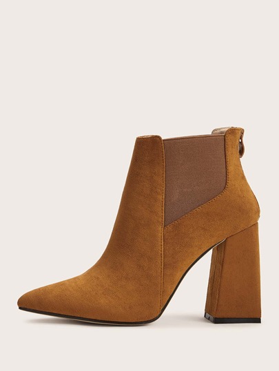 Point Toe Zip Back Chunky Heeled Suede Boots