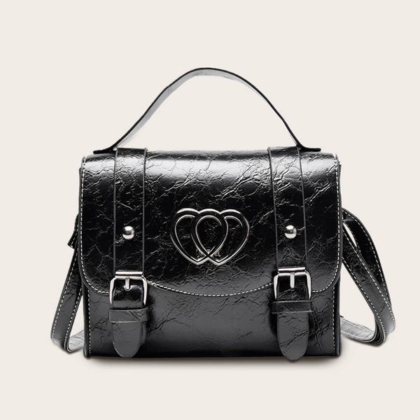

Double Buckle Front Flap Satchel Bag, Black