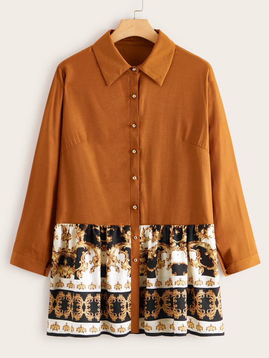 Plus Button Through Contrast Baroque Print Blouse - Brown - View 1