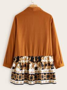 Plus Button Through Contrast Baroque Print Blouse - Brown - View 2
