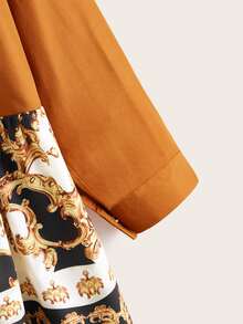 Plus Button Through Contrast Baroque Print Blouse - Brown - View 3