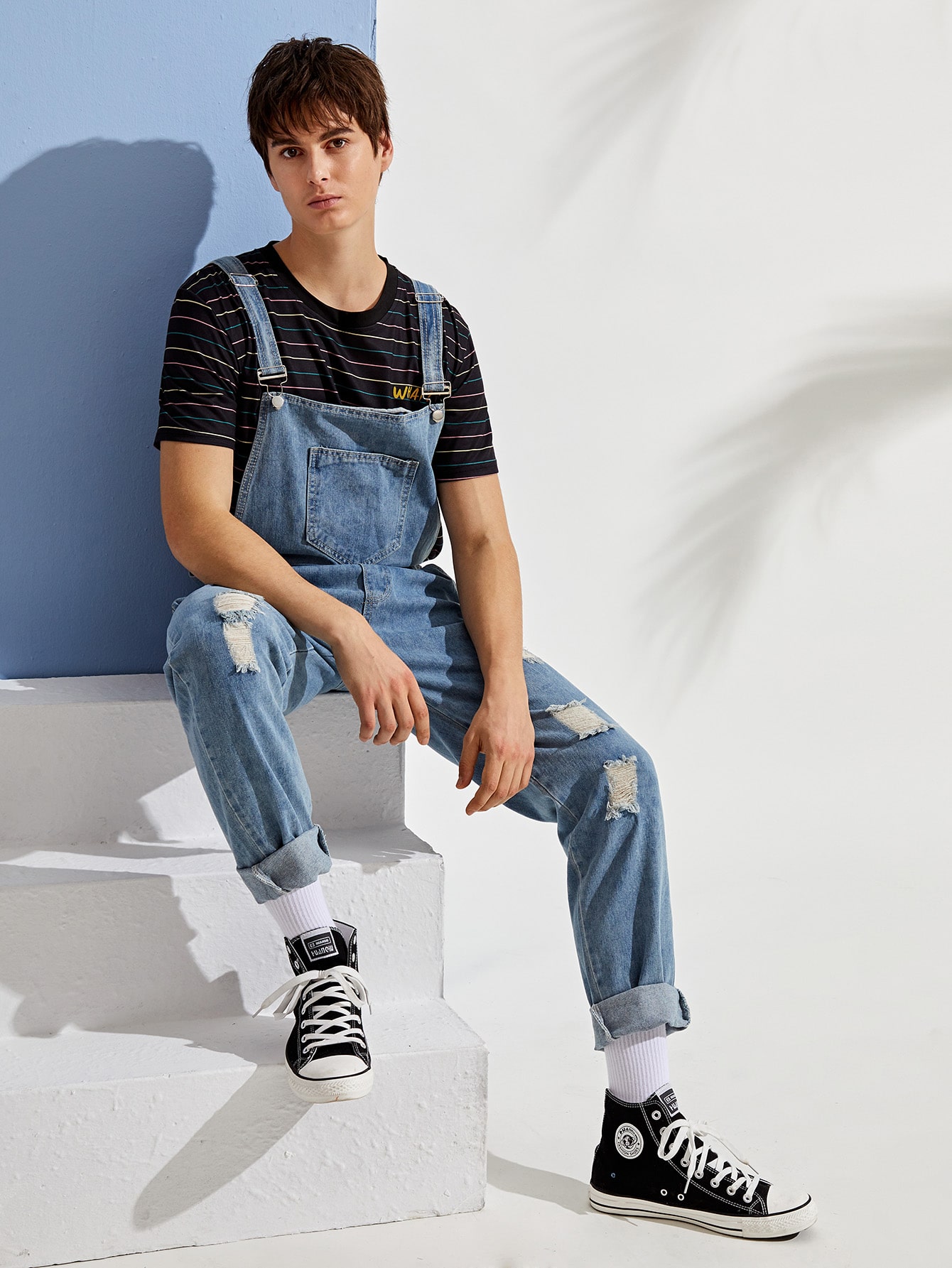 ripped overall jeans with pocket