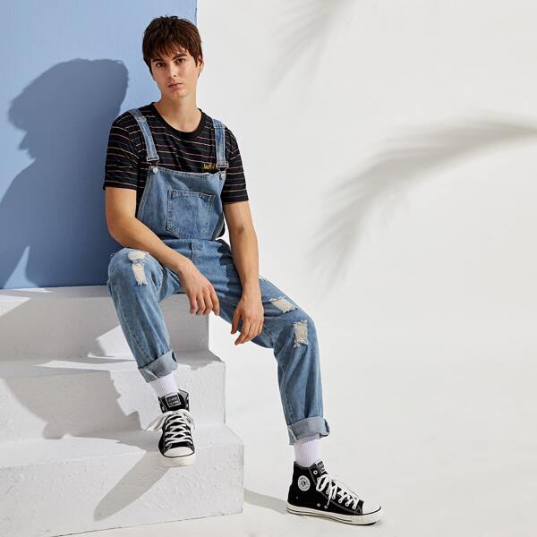 

Men Pocket Front Ripped Denim Overall, Blue