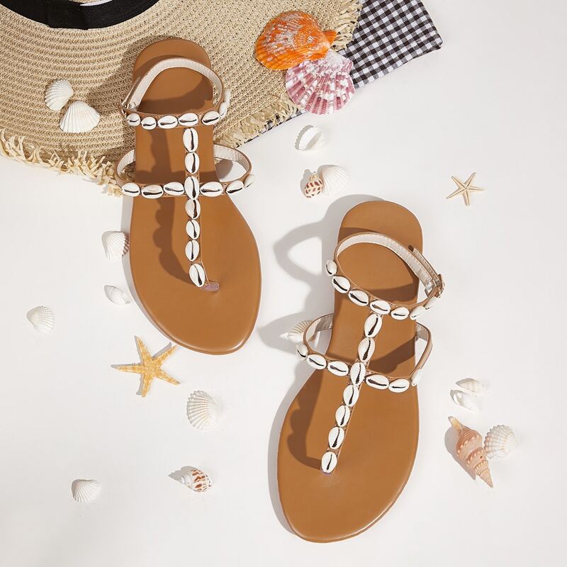 

Seashell Decor Toe Post Ankle Strap Flat Sandals, Brown