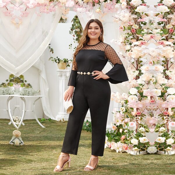 

Plus Contrast Dobby Mesh Jumpsuit Without Belt, Black