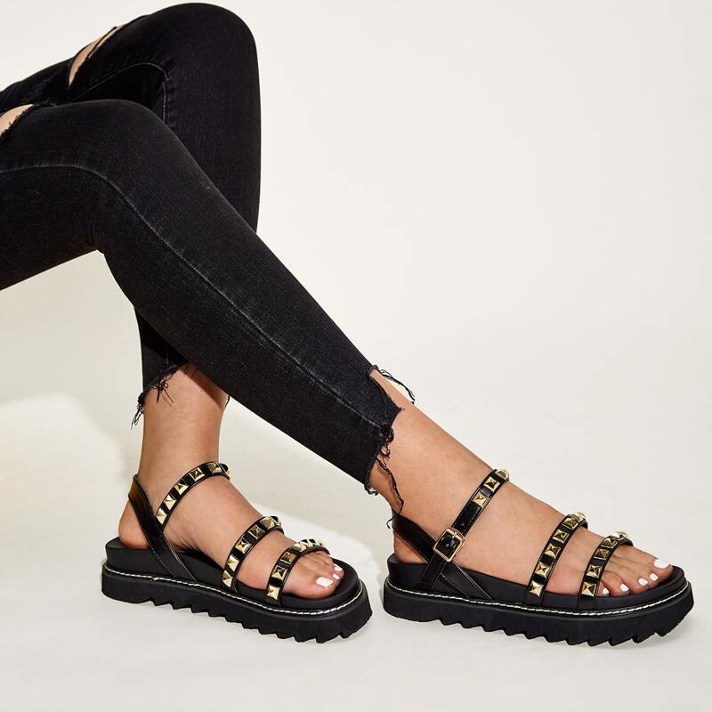 

Studded Decor Open Toe Strappy Flat Sandals, Black