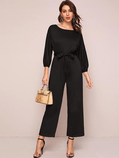 Solid Boat Neck Belted Jumpsuit