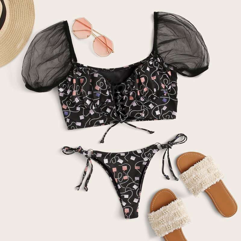 

Geo Random Print Contrast Mesh Top With Tie Side Bikini, Multicolor
