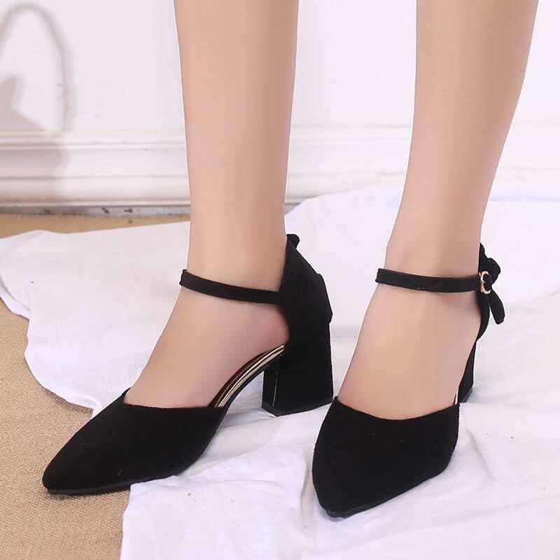 

Ankle Strap Suede Chunky Heels, Black