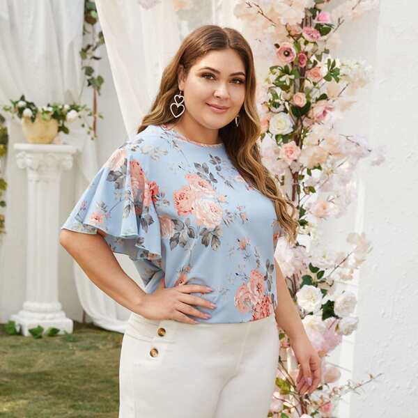 

Plus Floral Print Butterfly Sleeve Blouse, Blue