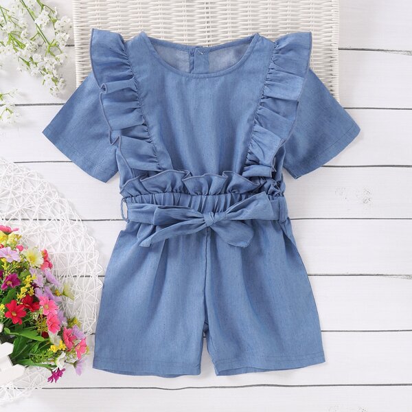 

Toddler Girls Ruffle Trim Belted Romper, Blue