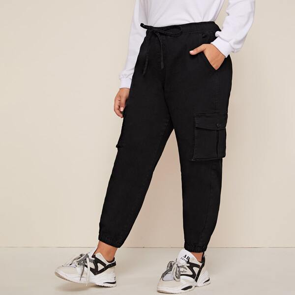 

Plus Drawstring Waist Pocket Cargo Jeans, Black