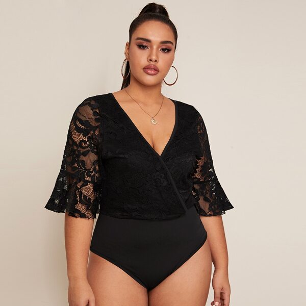 

Plus Flounce Sleeve Wrap Front Lace Bodysuit, Black