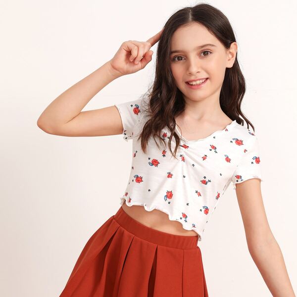 

Girls Floral Print Ruched Front Lettuce Edge Tee, White